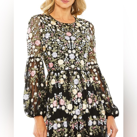 Mac Duggal High Neck Floral Embroidered Long Puff Sleeve Dress - 4 - Picture 2 of 5